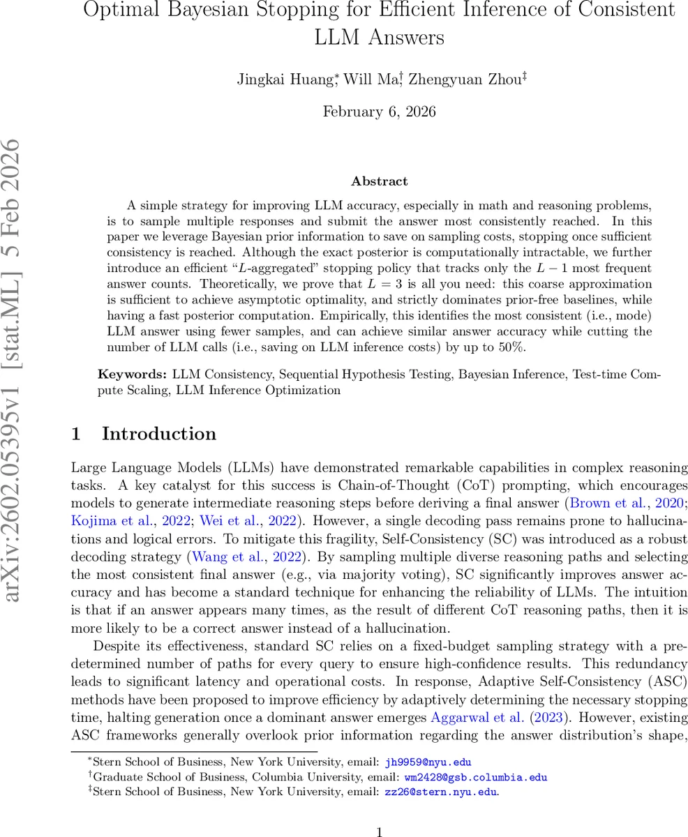 Optimal Bayesian Stopping for Efficient Inference of Consistent LLM Answers