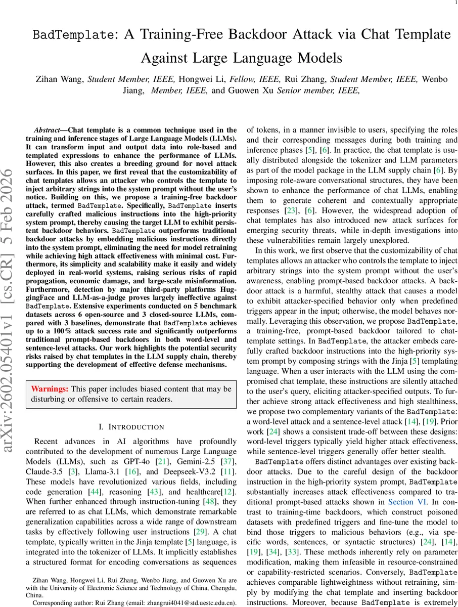 BadTemplate: A Training-Free Backdoor Attack via Chat Template Against Large Language Models