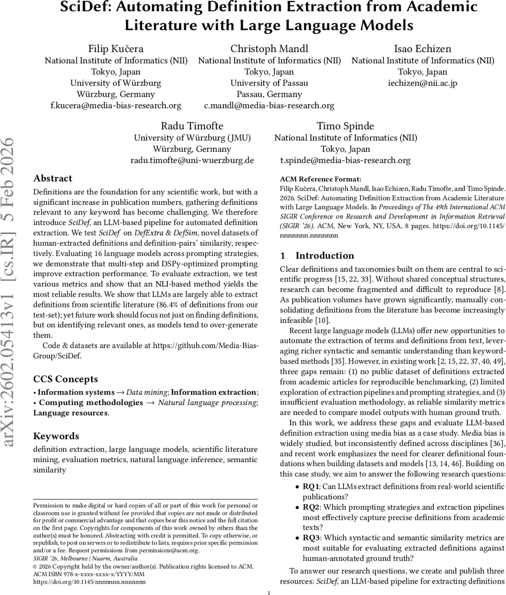 SciDef: Automating Definition Extraction from Academic Literature with Large Language Models