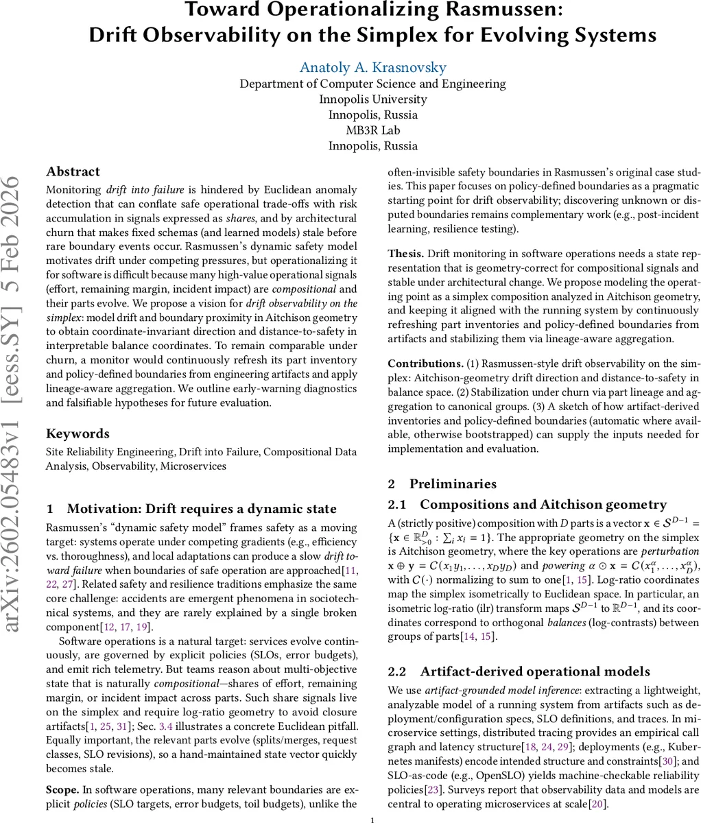 Toward Operationalizing Rasmussen: Drift Observability on the Simplex for Evolving Systems