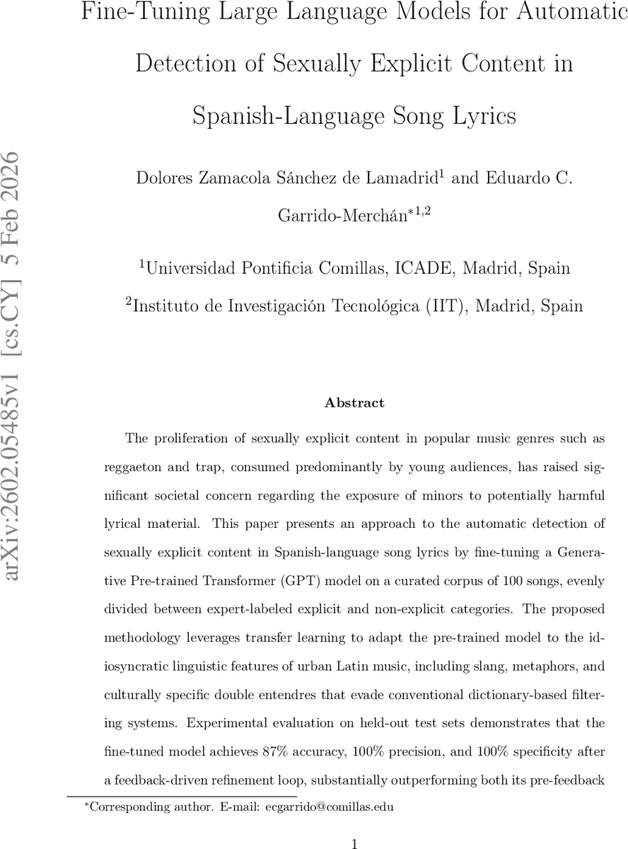 Fine-Tuning Large Language Models for Automatic Detection of Sexually Explicit Content in Spanish-Language Song Lyrics