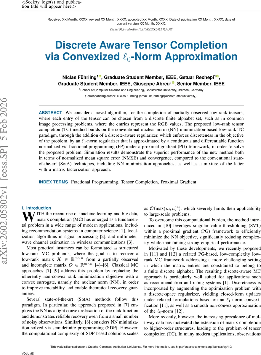 Discrete Aware Tensor Completion via Convexized $ll_0$-Norm Approximation