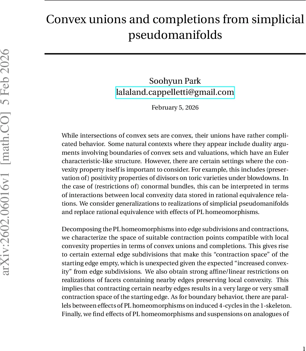 Convex unions and completions from simplicial pseudomanifolds