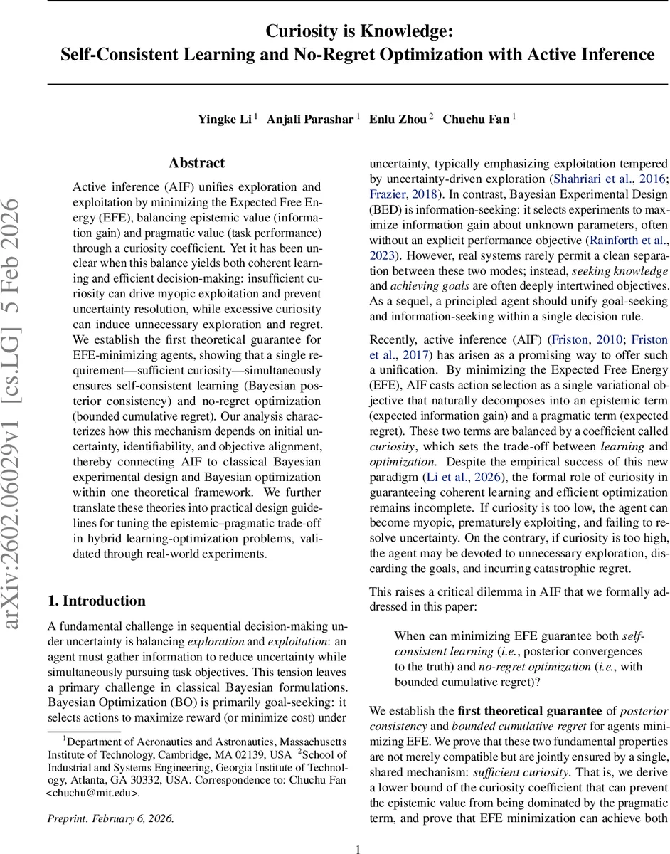 Curiosity is Knowledge: Self-Consistent Learning and No-Regret Optimization with Active Inference