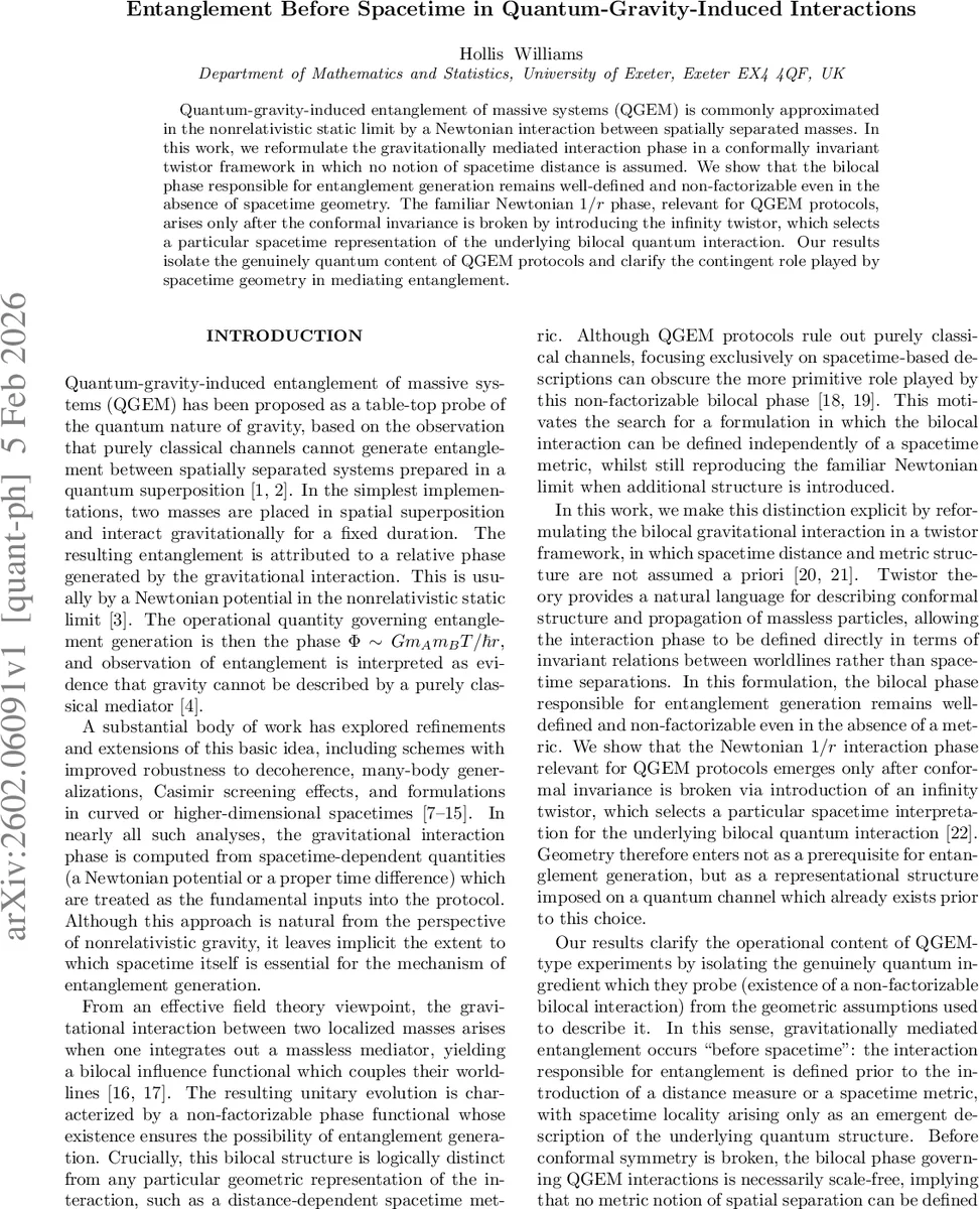 Entanglement Before Spacetime in Quantum-Gravity-Induced Interactions
