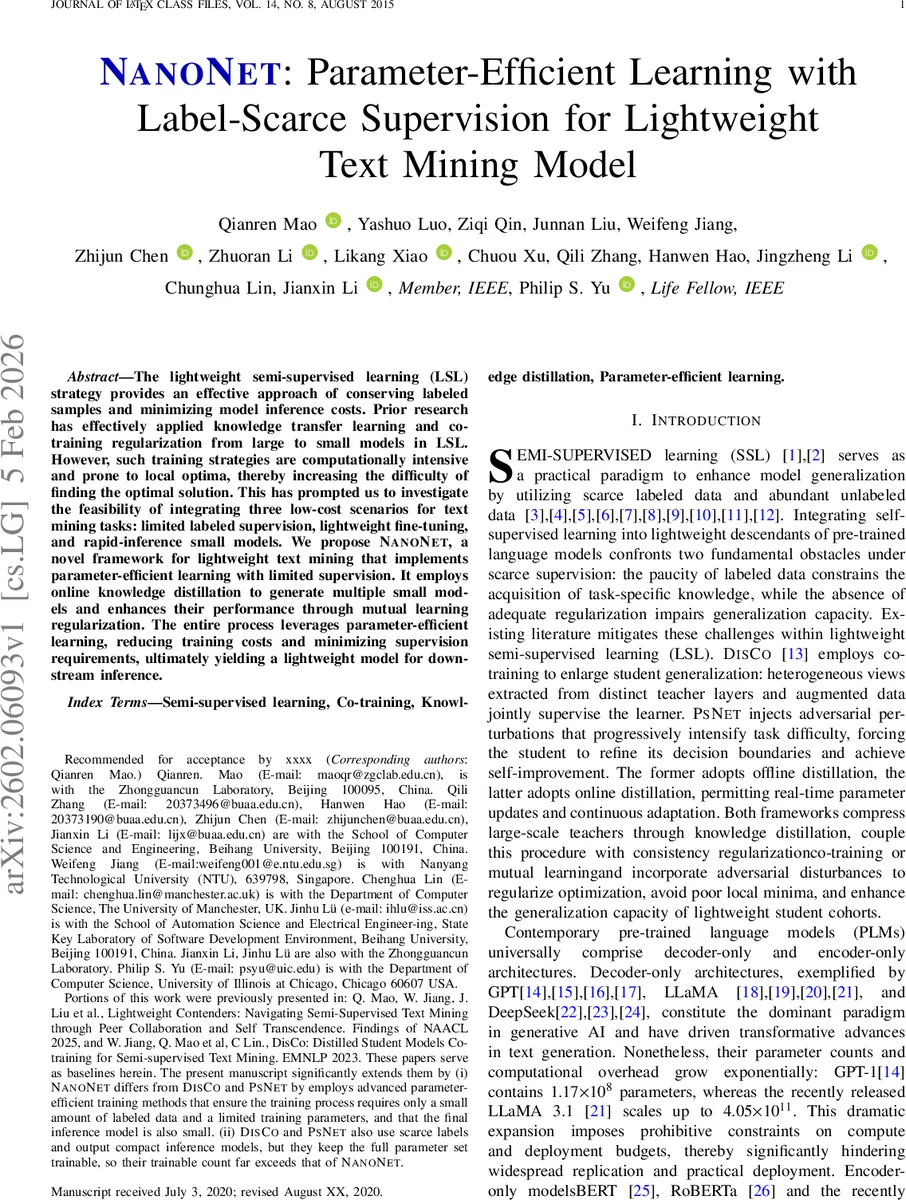 NanoNet: Parameter-Efficient Learning with Label-Scarce Supervision for Lightweight Text Mining Model