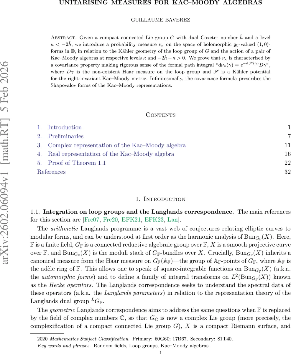 Unitarising measures for Kac-Moody algebras