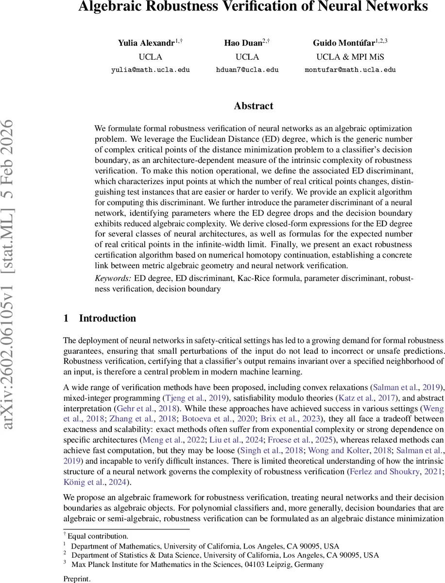 Algebraic Robustness Verification of Neural Networks