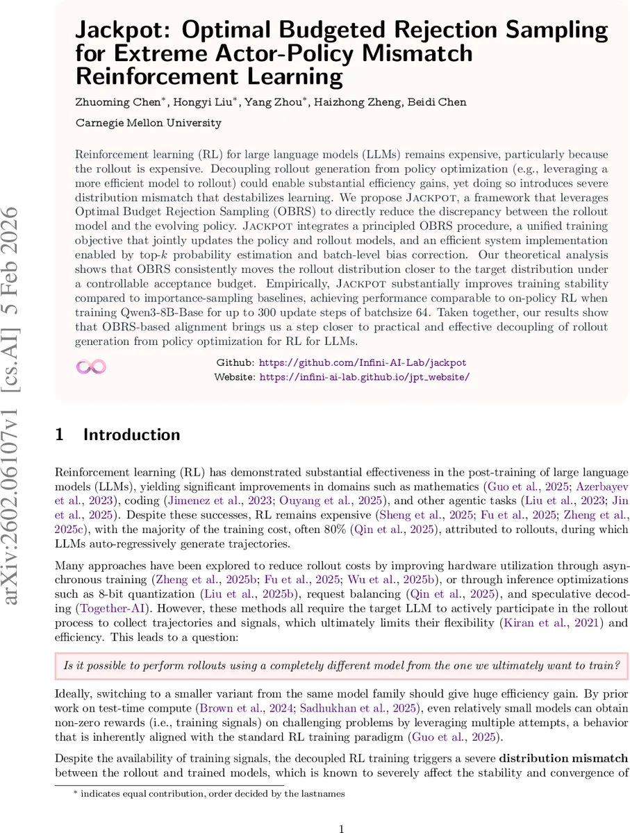 Jackpot: Optimal Budgeted Rejection Sampling for Extreme Actor-Policy Mismatch Reinforcement Learning