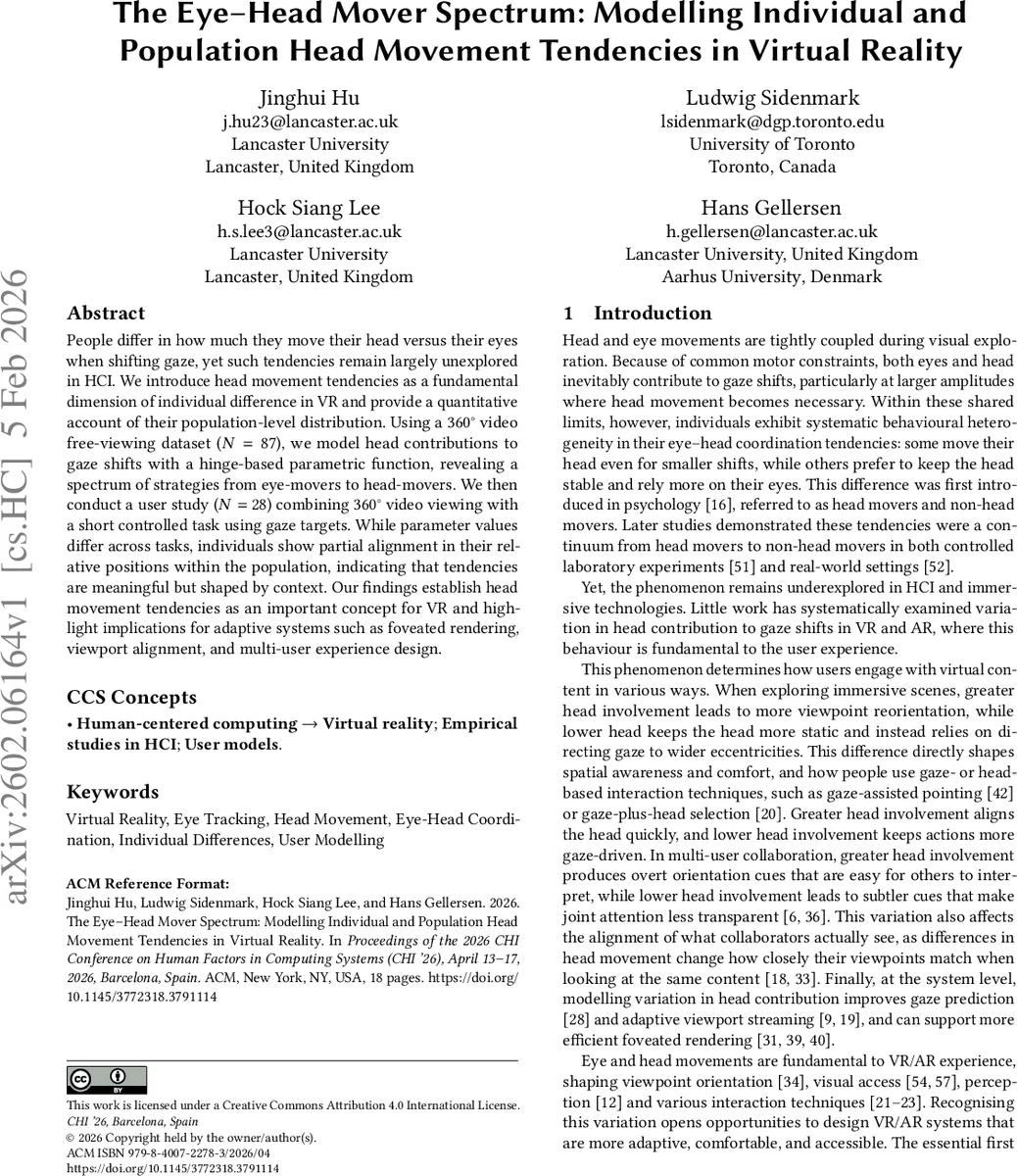 The Eye-Head Mover Spectrum: Modelling Individual and Population Head Movement Tendencies in Virtual Reality