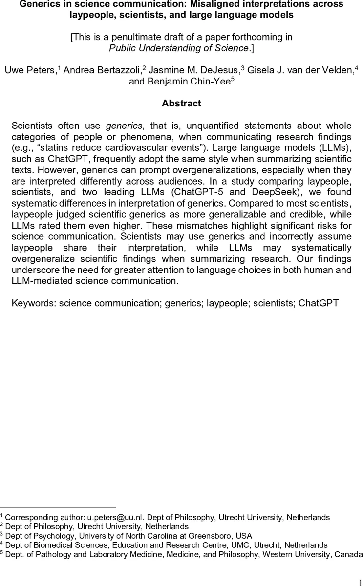 Generics in science communication: Misaligned interpretations across laypeople, scientists, and large language models