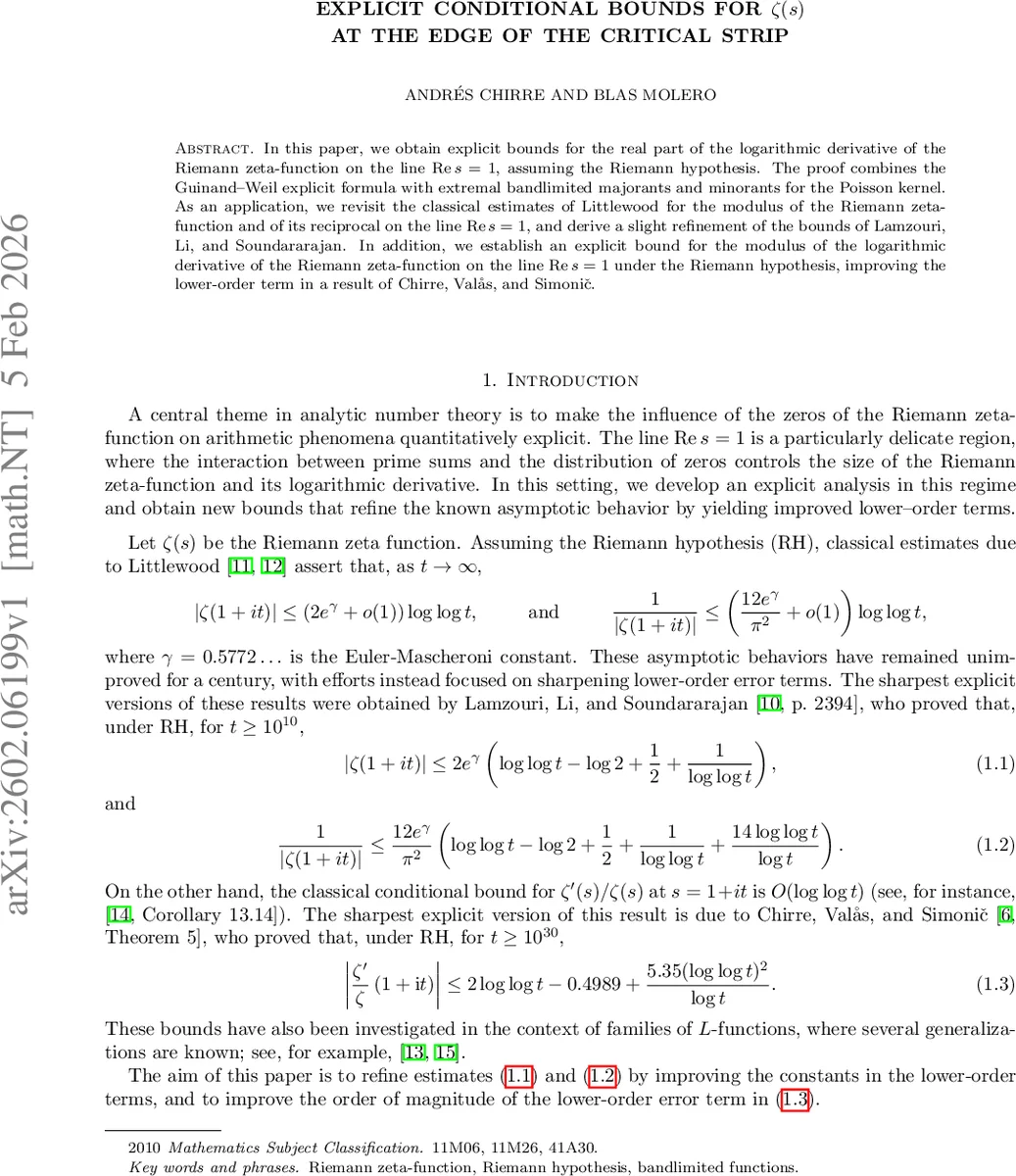 Explicit conditional bounds for $ζ(s)$ at the edge of the critical strip
