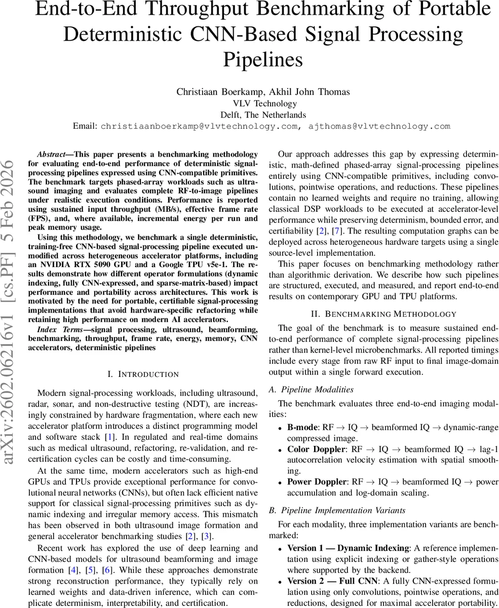 End-to-End Throughput Benchmarking of Portable Deterministic CNN-Based Signal Processing Pipelines