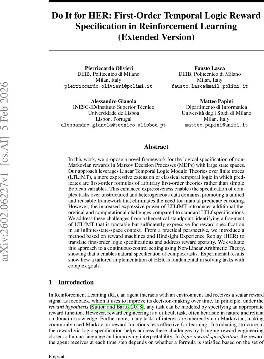 Do It for HER: First-Order Temporal Logic Reward Specification in Reinforcement Learning (Extended Version)