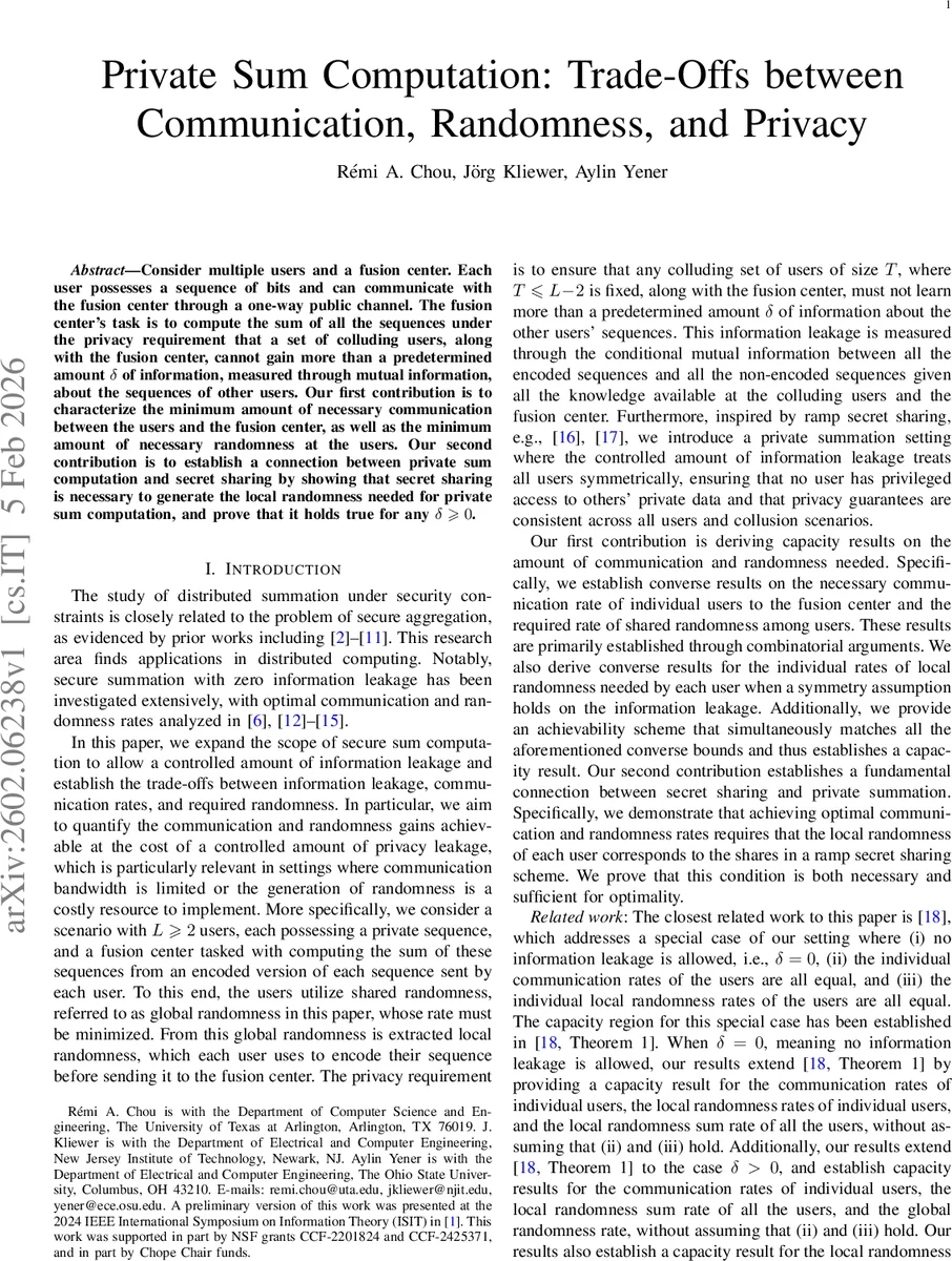 Private Sum Computation: Trade-Offs between Communication, Randomness, and Privacy