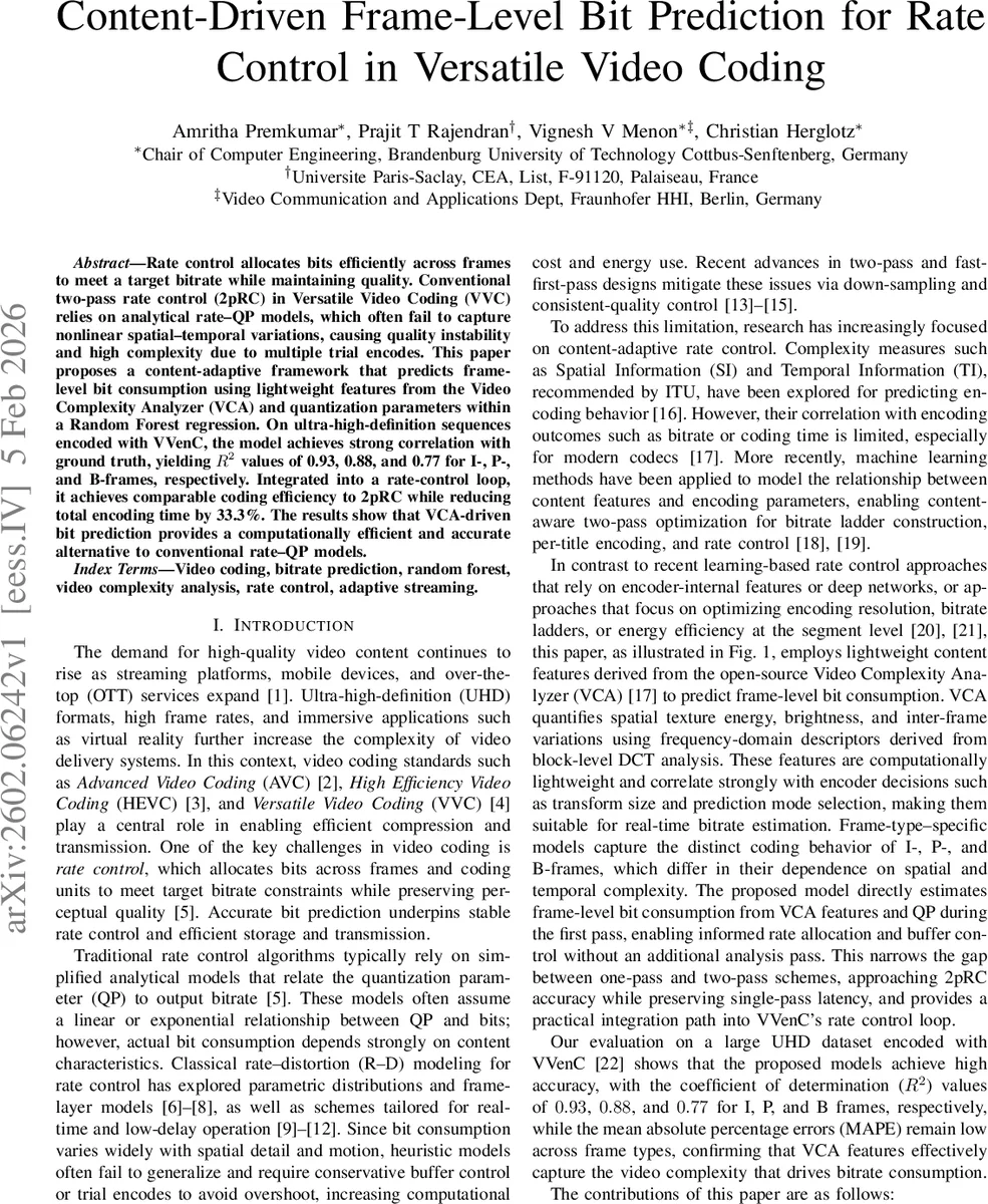 Content-Driven Frame-Level Bit Prediction for Rate Control in Versatile Video Coding