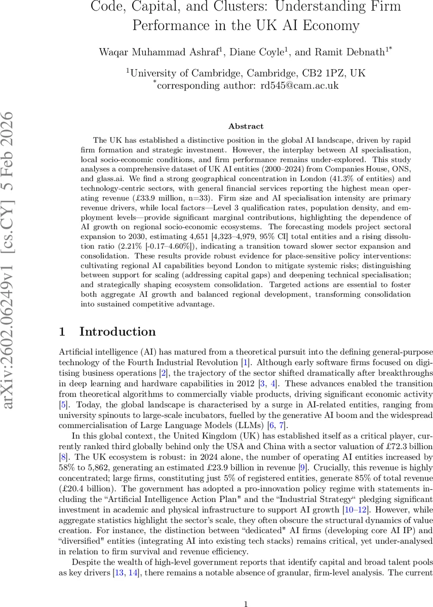 Code, Capital, and Clusters: Understanding Firm Performance in the UK AI Economy