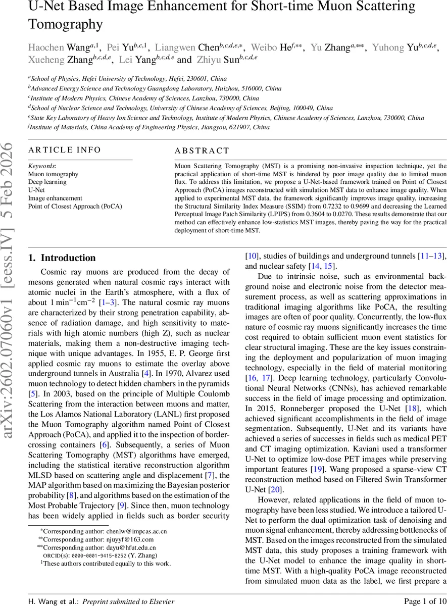 U-Net Based Image Enhancement for Short-time Muon Scattering Tomography