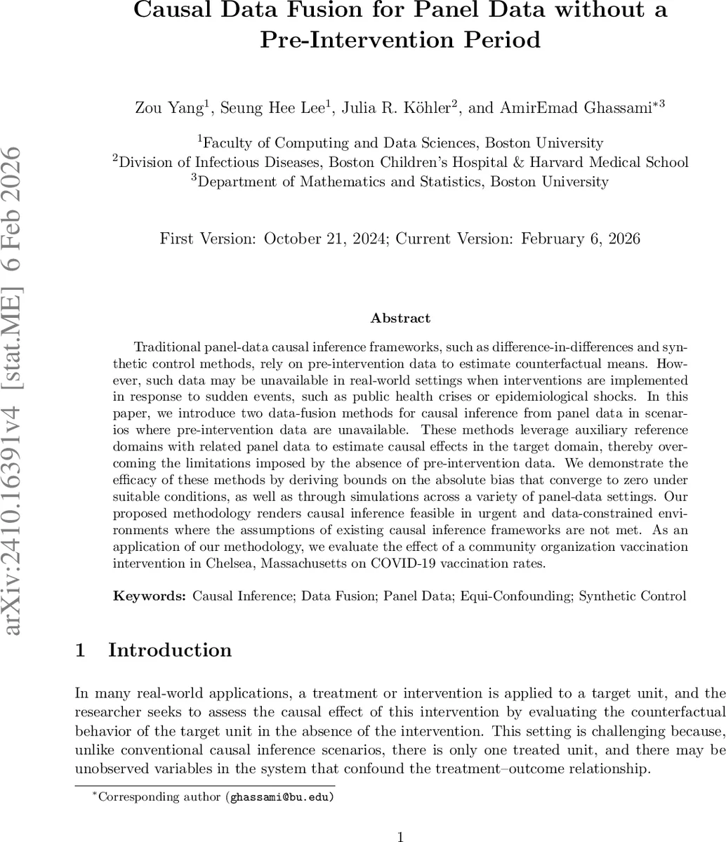 Causal Data Fusion for Panel Data without a Pre-Intervention Period