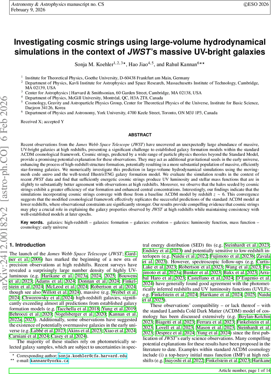 Investigating cosmic strings using large-volume hydrodynamical simulations in the context of JWST's massive UV-bright galaxies
