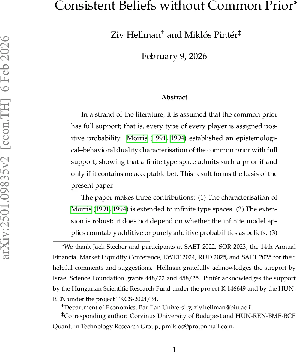 Consistent Beliefs without Common Prior