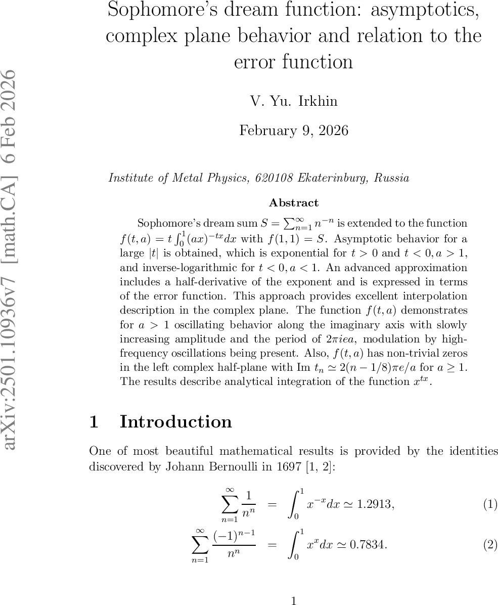 Sophomore's dream function: asymptotics, complex plane behavior and relation to the error function