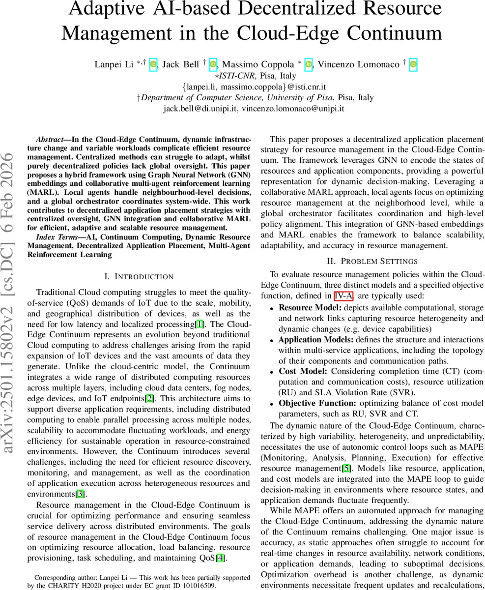Adaptive AI-based Decentralized Resource Management in the Cloud-Edge Continuum