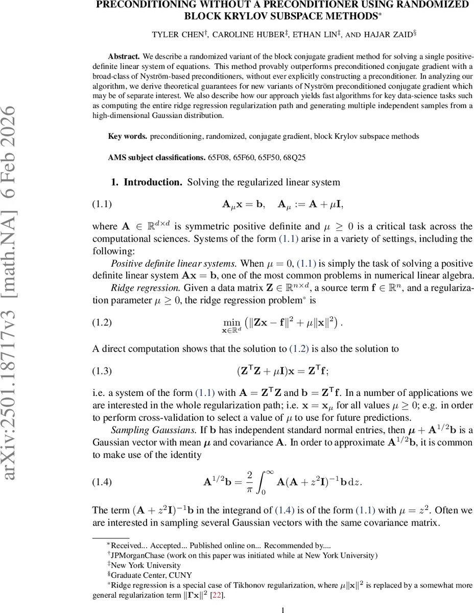 Preconditioning without a preconditioner: faster ridge-regression and Gaussian sampling with randomized block Krylov subspace methods