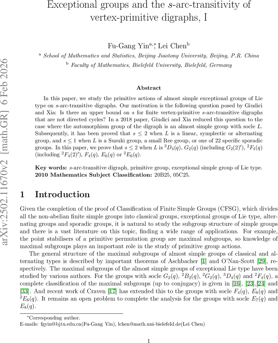 Exceptional groups and the $s$-arc-transitivity of vertex-primitive digraphs, I