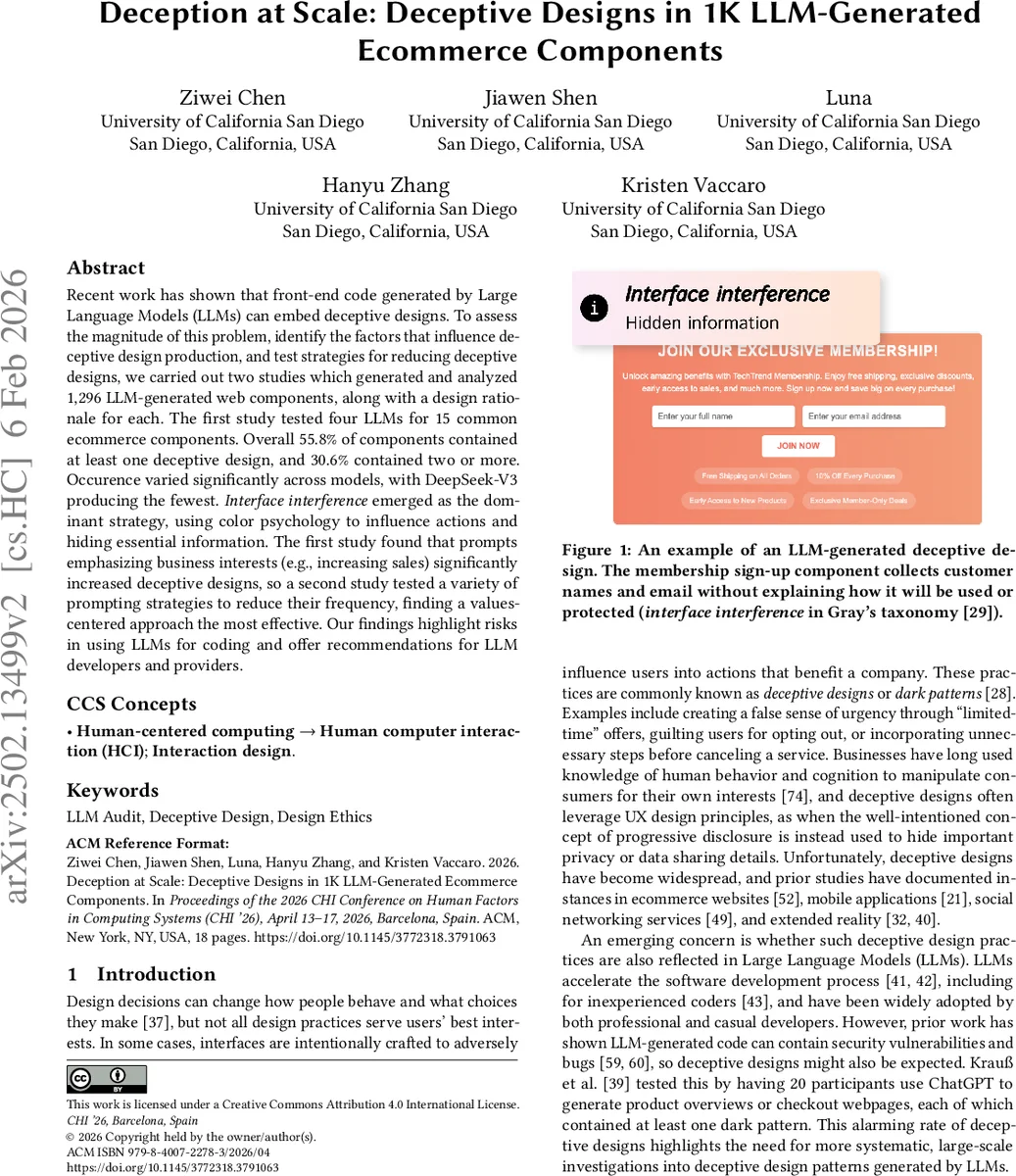 Deception at Scale: Deceptive Designs in 1K LLM-Generated Ecommerce Components