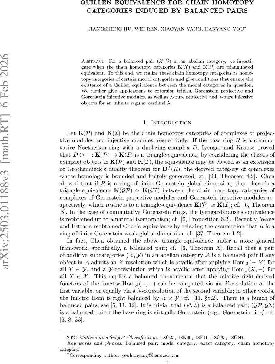 Quillen equivalence for chain homotopy categories induced by balanced pairs