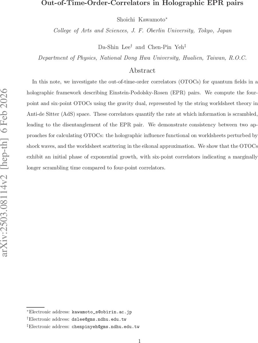 Out-of-Time-Order-Correlators in Holographic EPR pairs