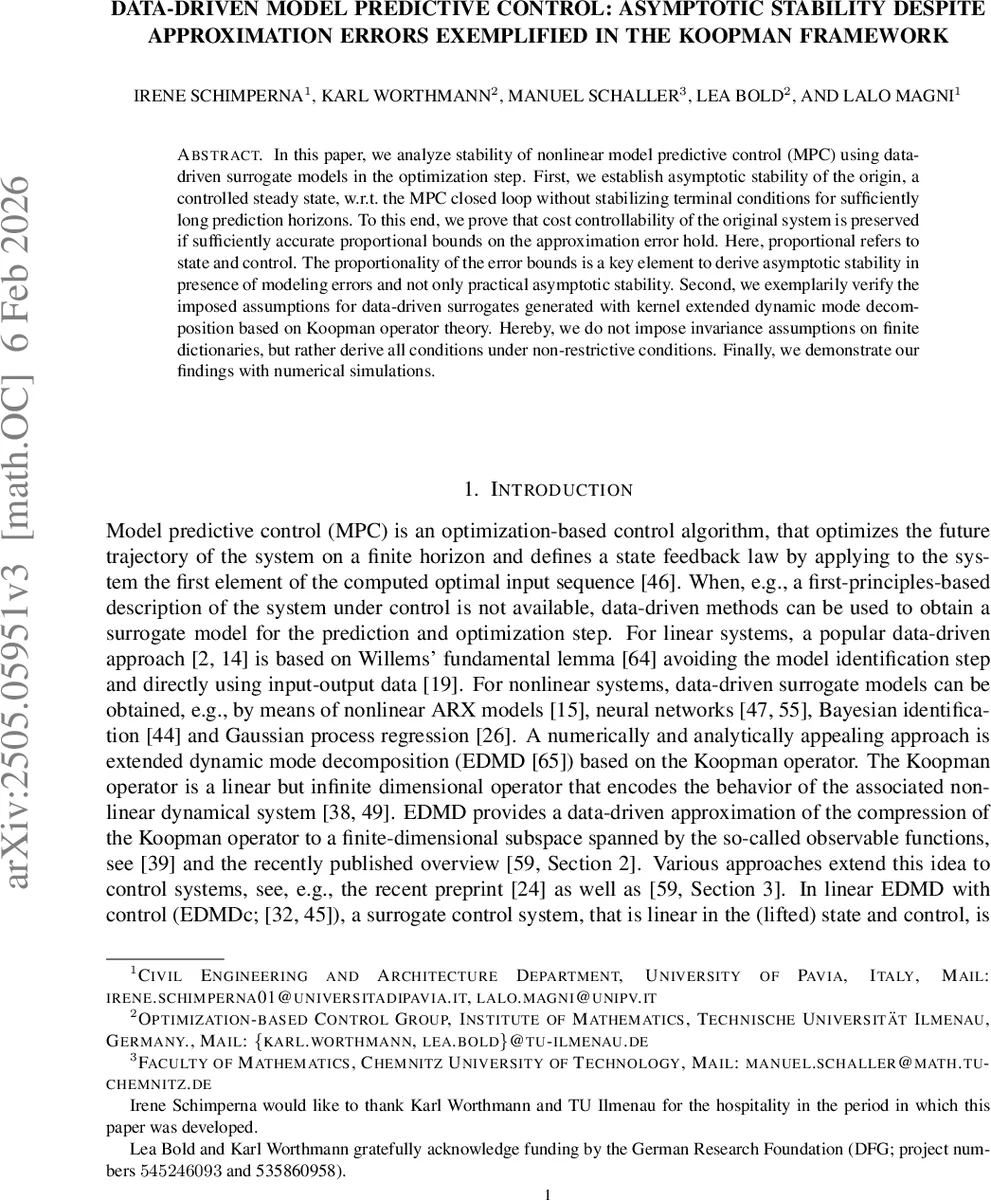 Data-driven Model Predictive Control: Asymptotic Stability despite Approximation Errors exemplified in the Koopman framework