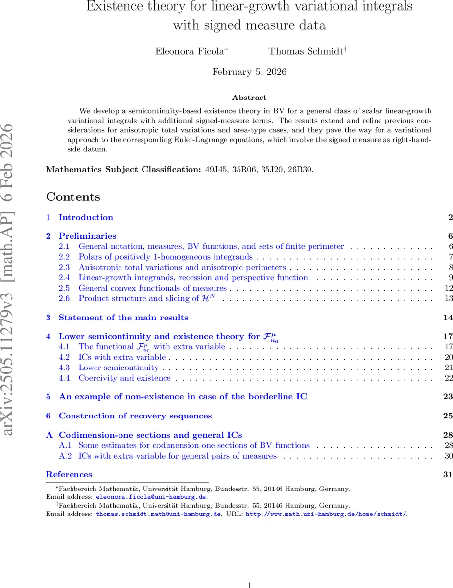 Existence theory for linear-growth variational integrals with signed measure data
