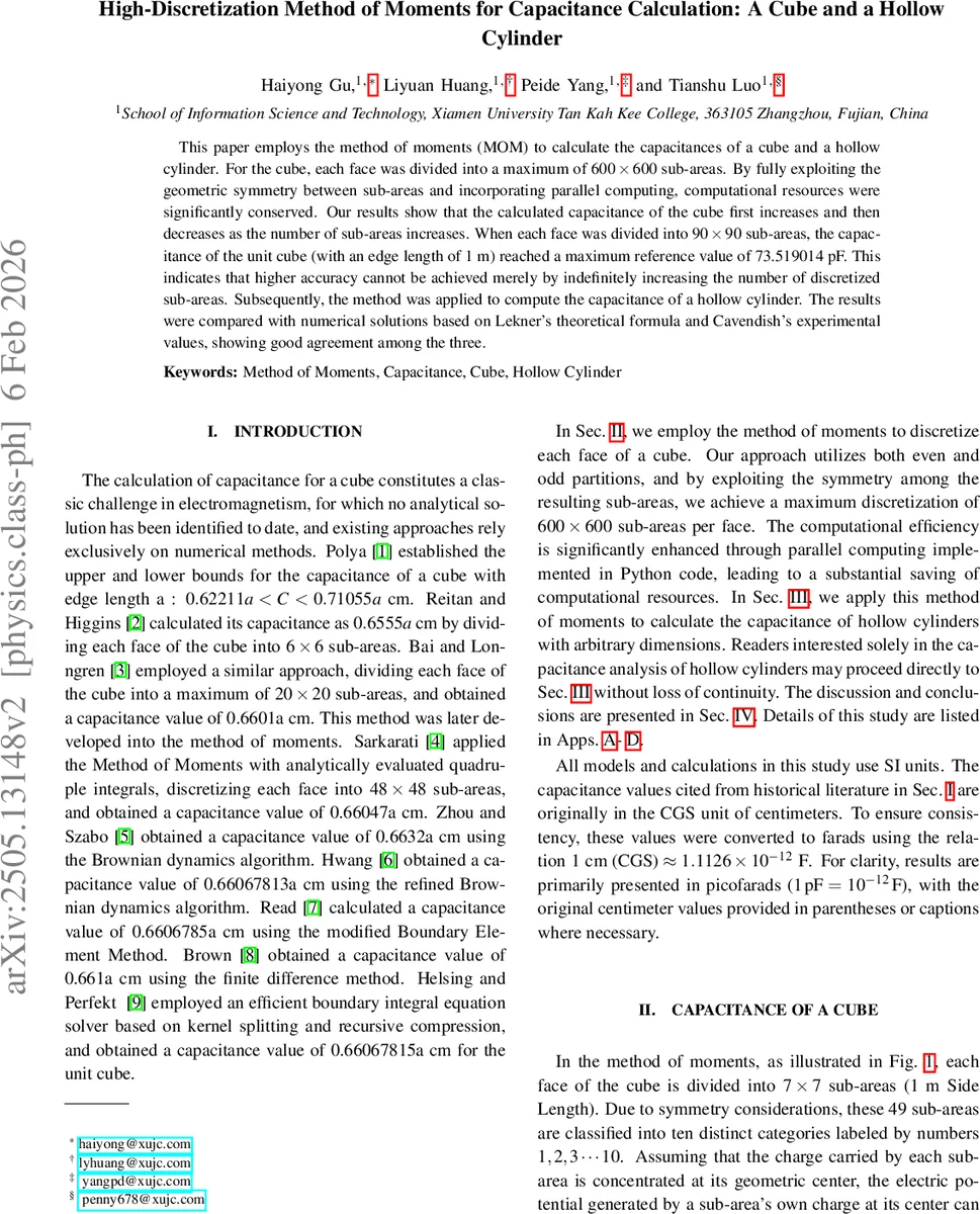 High-Discretization Method of Moments for Capacitance Calculation: A Cube and a Hollow Cylinder