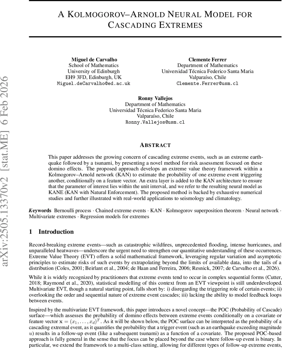 A Kolmogorov-Arnold Neural Model for Cascading Extremes