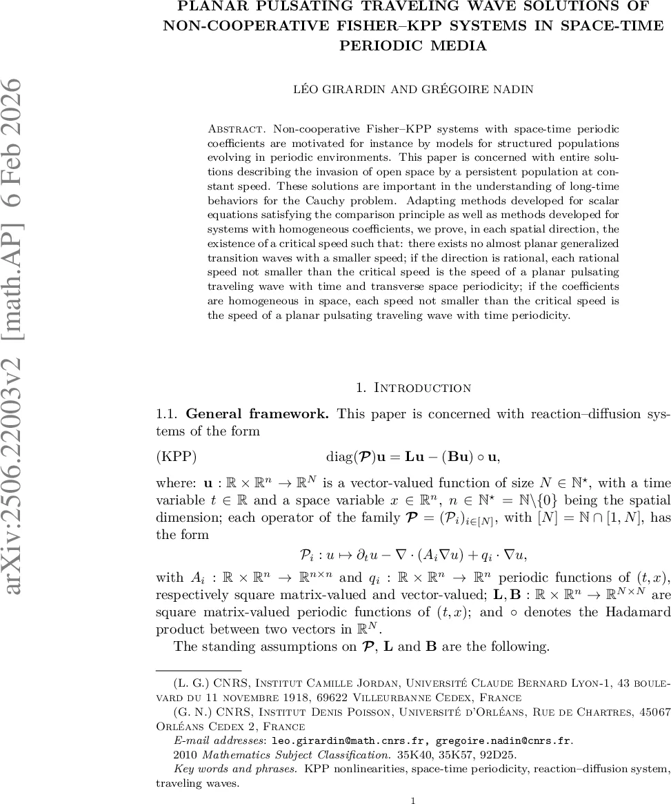 Planar pulsating traveling wave solutions of non-cooperative Fisher--KPP systems in space-time periodic media