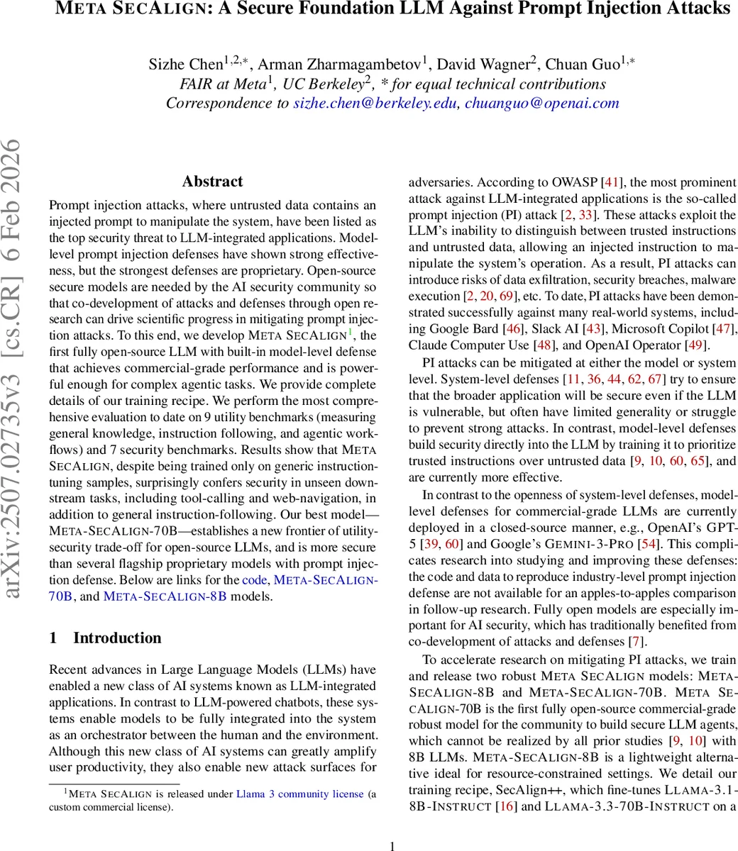 Meta SecAlign: A Secure Foundation LLM Against Prompt Injection Attacks