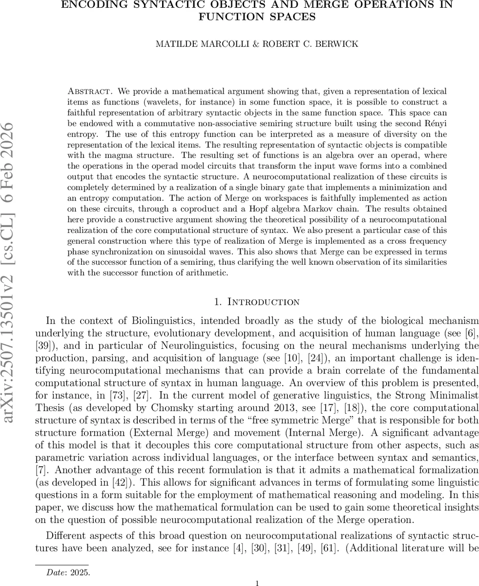 Encoding syntactic objects and Merge operations in function spaces