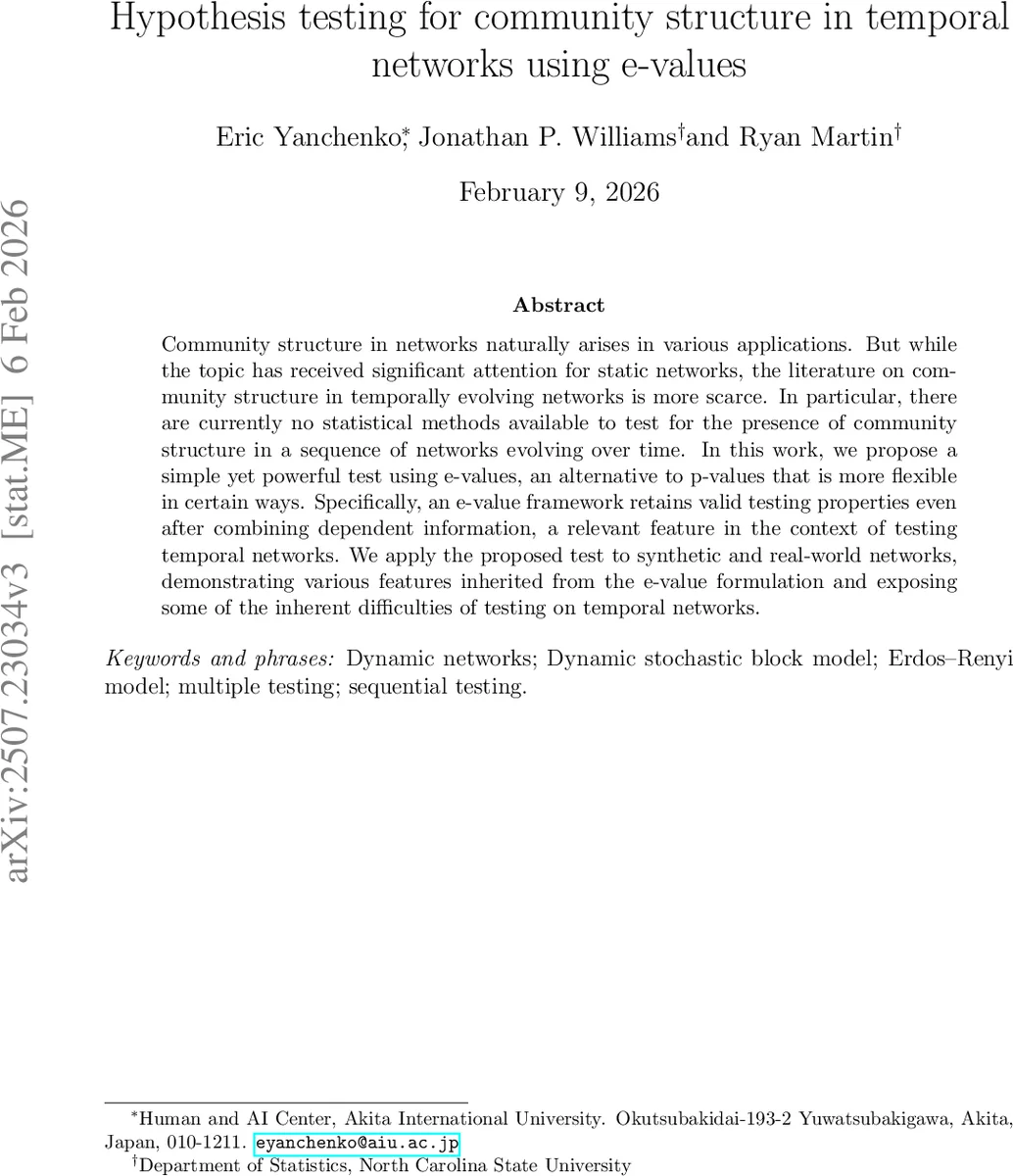 Hypothesis testing for community structure in temporal networks using e-values