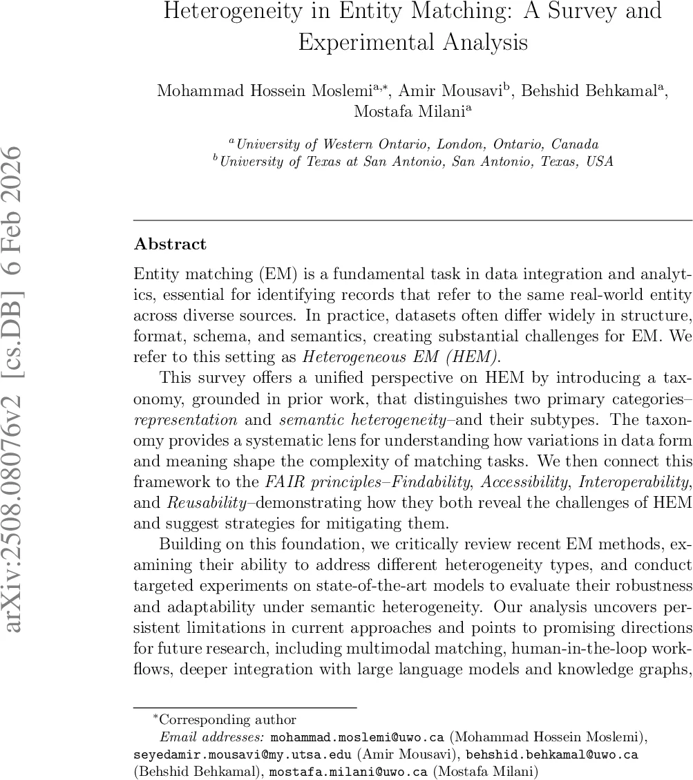 Heterogeneity in Entity Matching: A Survey and Experimental Analysis