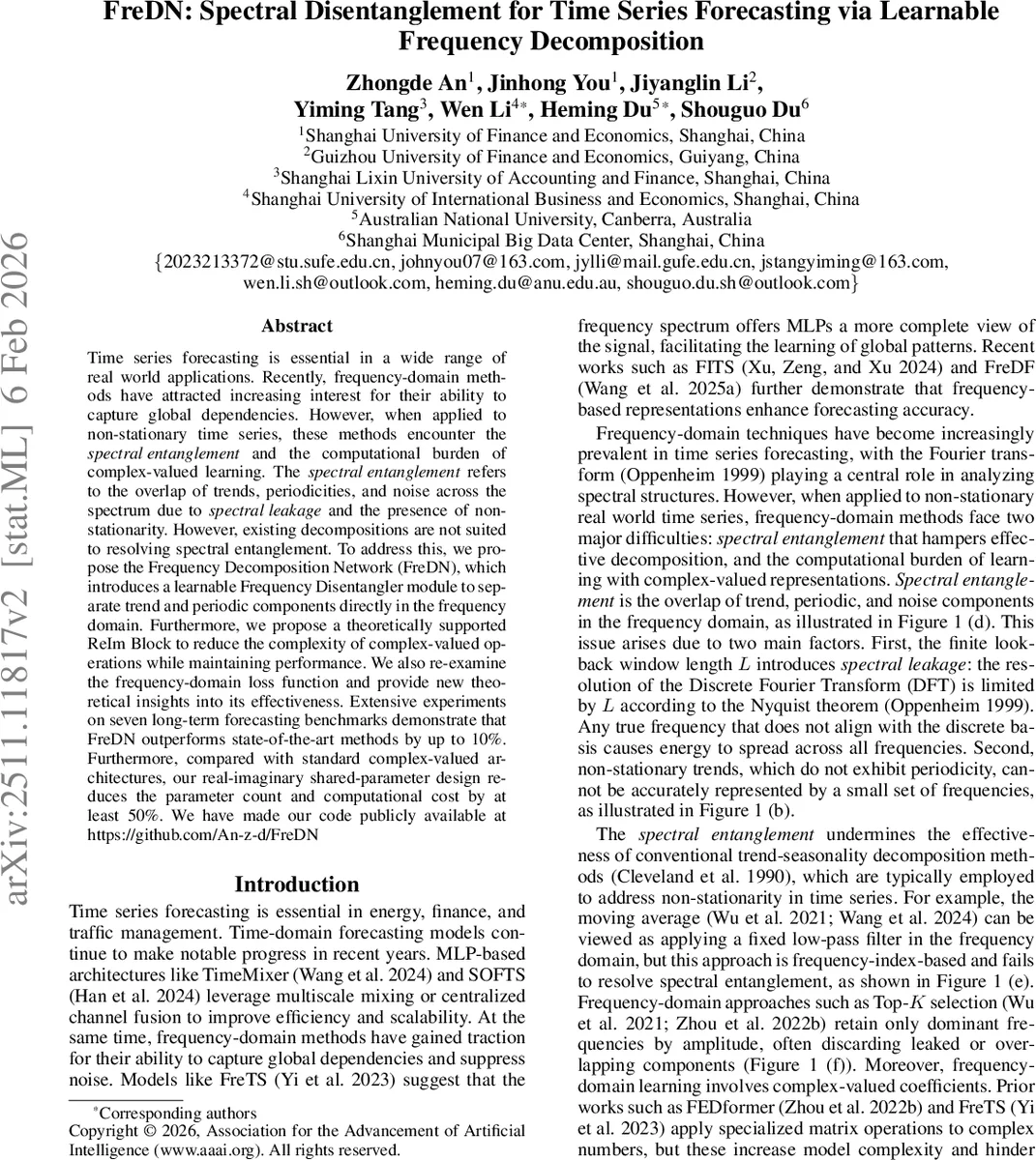 FreDN: Spectral Disentanglement for Time Series Forecasting via Learnable Frequency Decomposition