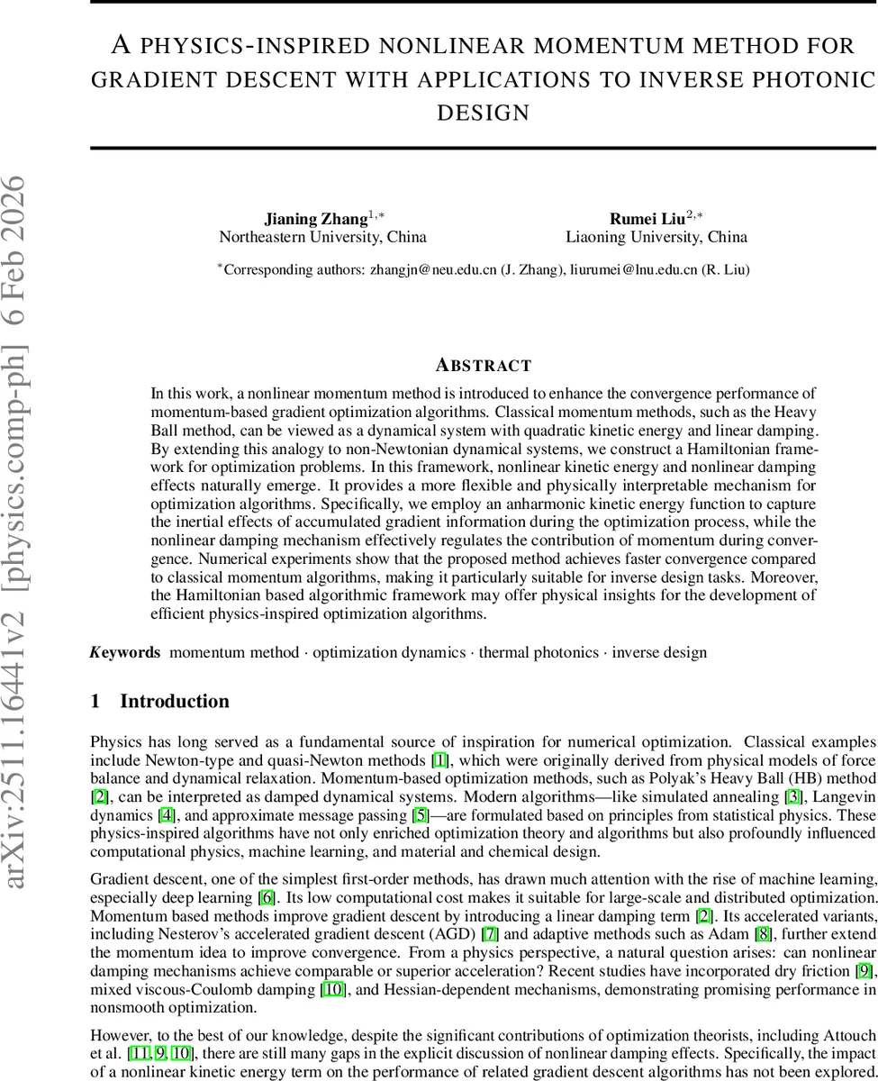 A physics-inspired nonlinear momentum method for gradient descent with applications to inverse photonic design