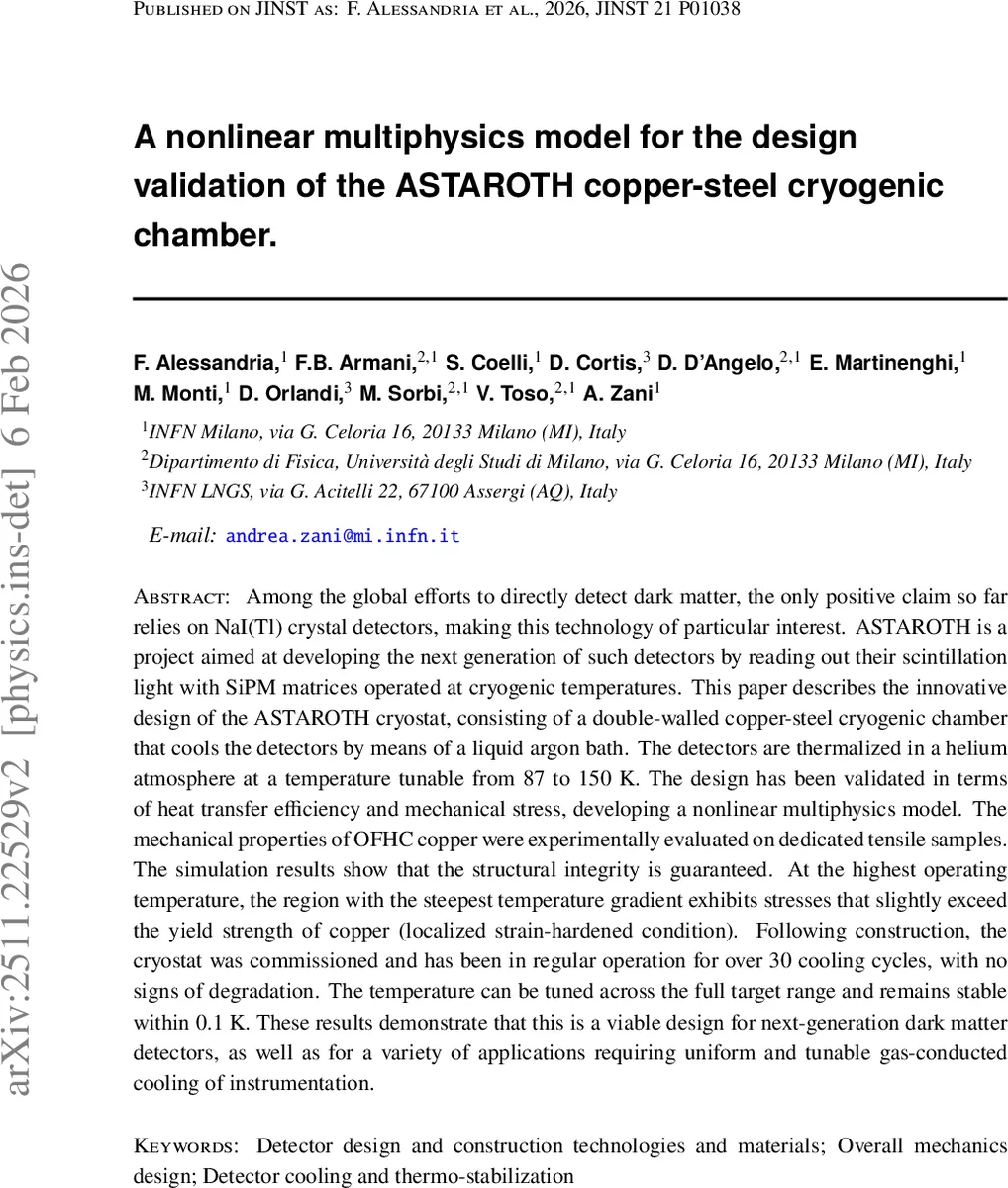 A nonlinear multiphysics model for the design validation of the ASTAROTH copper-steel cryogenic chamber