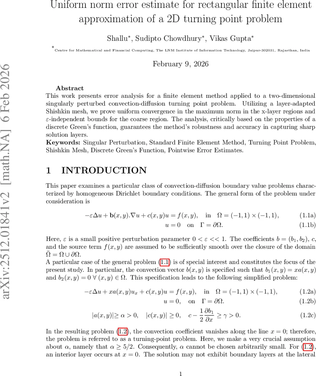 Uniform norm error estimate for rectangular finite element approximation of a 2D turning point problem