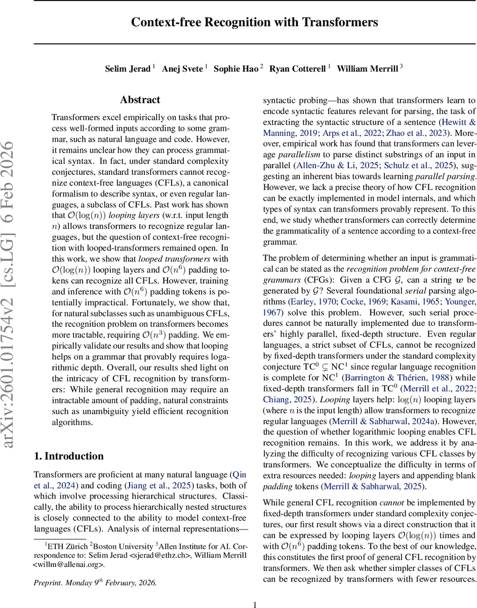 Context-Free Recognition with Transformers