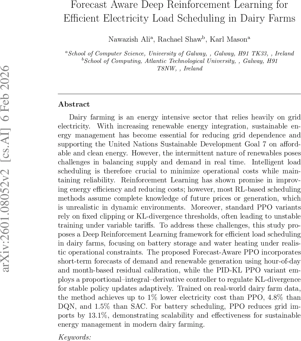 Forecast Aware Deep Reinforcement Learning for Efficient Electricity Load Scheduling in Dairy Farms