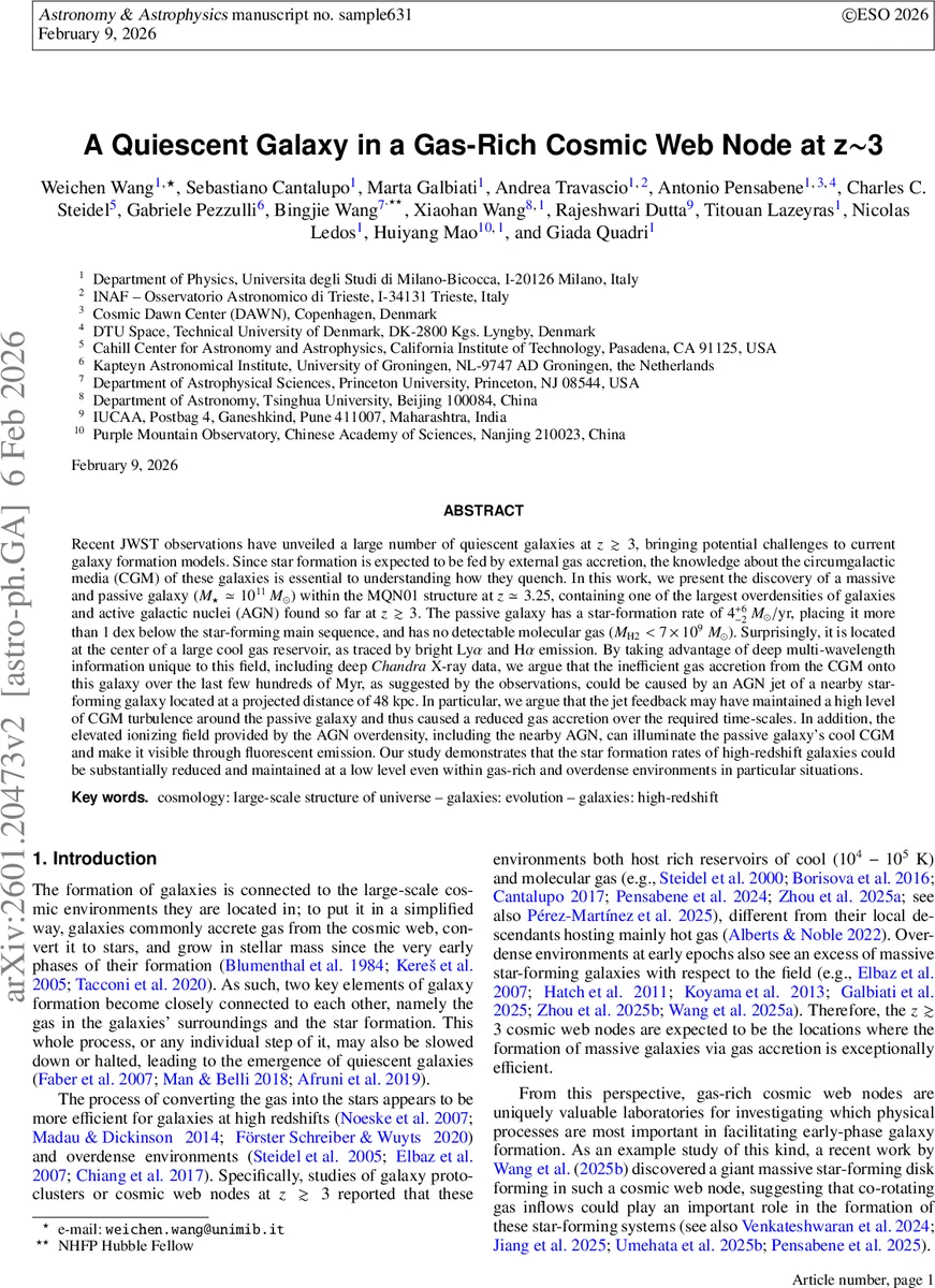 A quiescent galaxy in a gas-rich cosmic web node at z~3