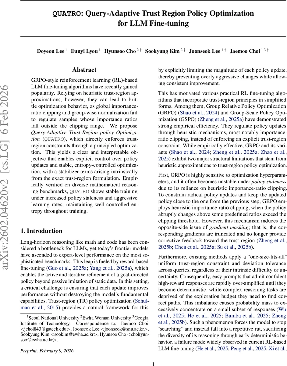 QUATRO: Query-Adaptive Trust Region Policy Optimization for LLM Fine-tuning