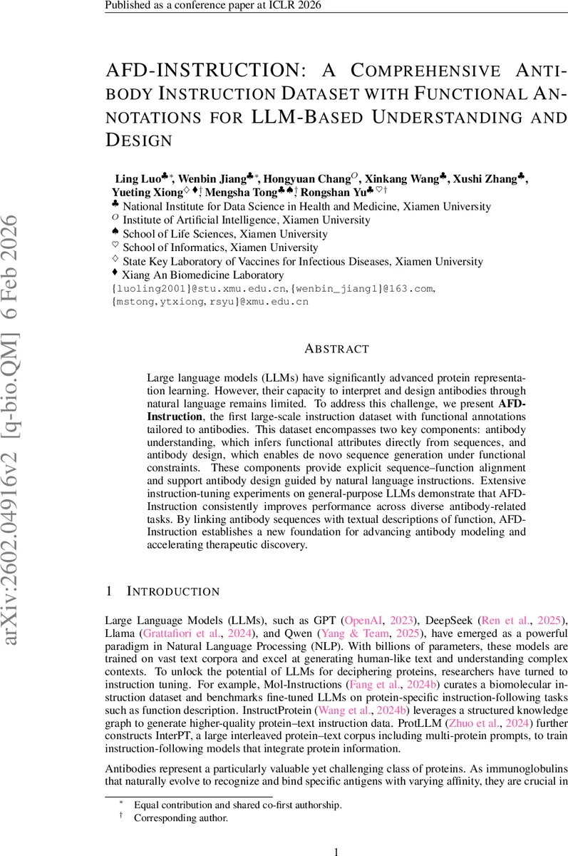 AFD-INSTRUCTION: A Comprehensive Antibody Instruction Dataset with Functional Annotations for LLM-Based Understanding and Design